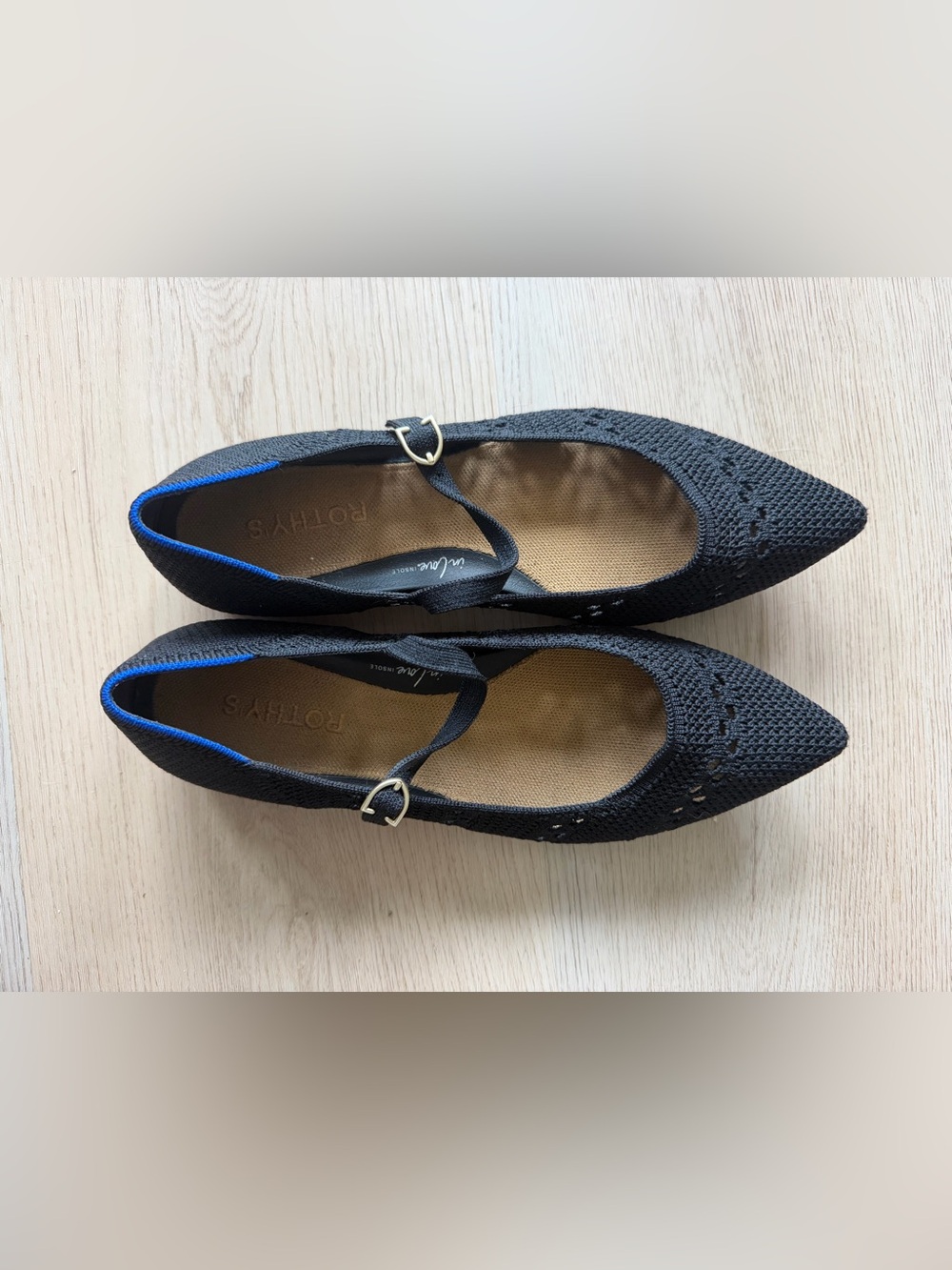 Rothy's Black Knit Mary Jane Flats with Gold Buckles